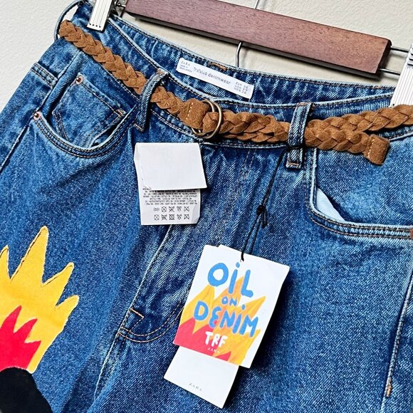 NEW TRF Zara x Ricardo Cavolo Hand Oil Painted Mom Jeans 4 + Belt Dark Wash Rare - Picture 5 of 16